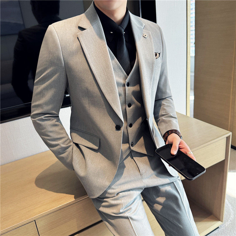 高品质一粒扣西装套装男修身商务西服三件套浅灰色SJT7051-P190特