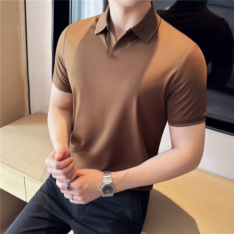 夏季V领短袖Polo衫拼色翻领薄款休闲冰丝弹力T恤咖啡色PL2711-P53，男装Polo衫，电商A213