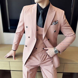 高品质面料西服套装双排扣戗驳领西装三件套男桔粉色SJT8011-P275图片