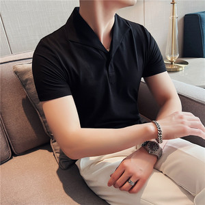黑色休闲polo衫男商务翻领修身T恤经典一片领纯色短袖PL2235-P63图片