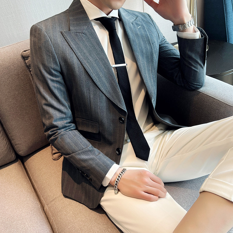 补齐大货~质感条纹两粒单排扣帅气西服男休闲西装外套DX65-P155图片