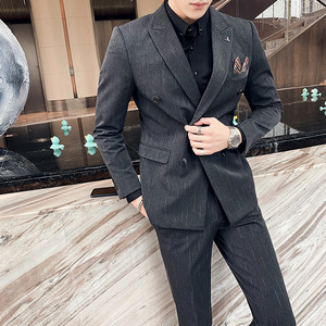 长期做 时尚双排扣西服外套男修身正装职业西装两件套LJT302/P225图片