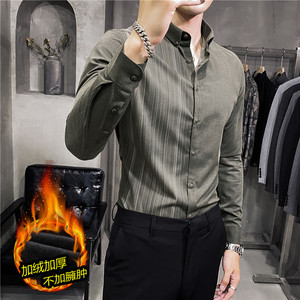 冬季加厚加絨時(shí)尚半邊條紋印花長(zhǎng)袖襯衫男修身襯衣軍綠色JR22-P75圖片