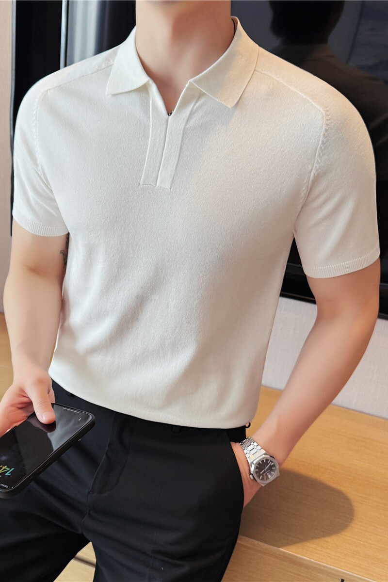 【天丝莱赛尔】老钱风莱赛尔针织V领POLO衫翻领短袖T恤PL931-P63,男装Polo衫,电商A213