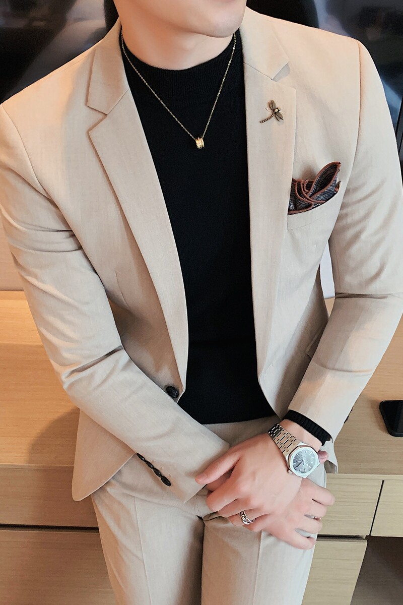 纯色小西装男修身大码两件套男商务休闲西服套装卡其LJT105/P210,男装西服套装,电商A213