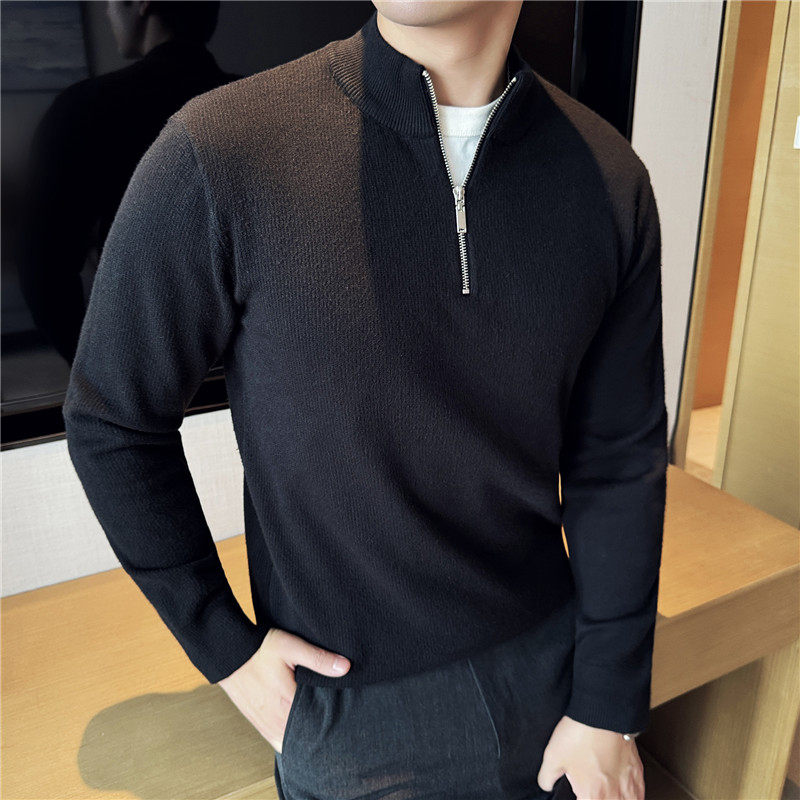 高级感秋冬毛衣半拉链外套男修身立领针织衫浅杏色M8808-P78,连衣裙和半裙怎么搭配图片