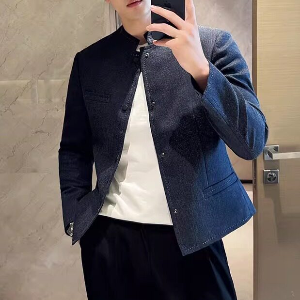 高级感醋酸布小香风夹克男新中式立领短款拼色外套蓝色JK001-P127图片
