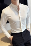 高级感立领衬衫男长袖修身圆领衬衣西装内搭衬衣白色C2312-P63，男装西服套装，电商A213