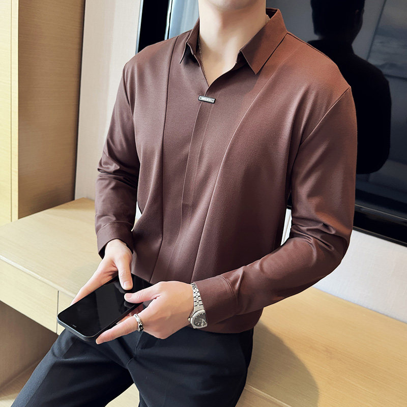 拼接个性V领长袖POLO衫男高级感弹力无痕翻领T恤黑色T2811-P78图片