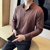 拼接个性V领长袖POLO衫男高级感弹力无痕翻领T恤宝蓝色T2811-P78，男装T恤，电商A213