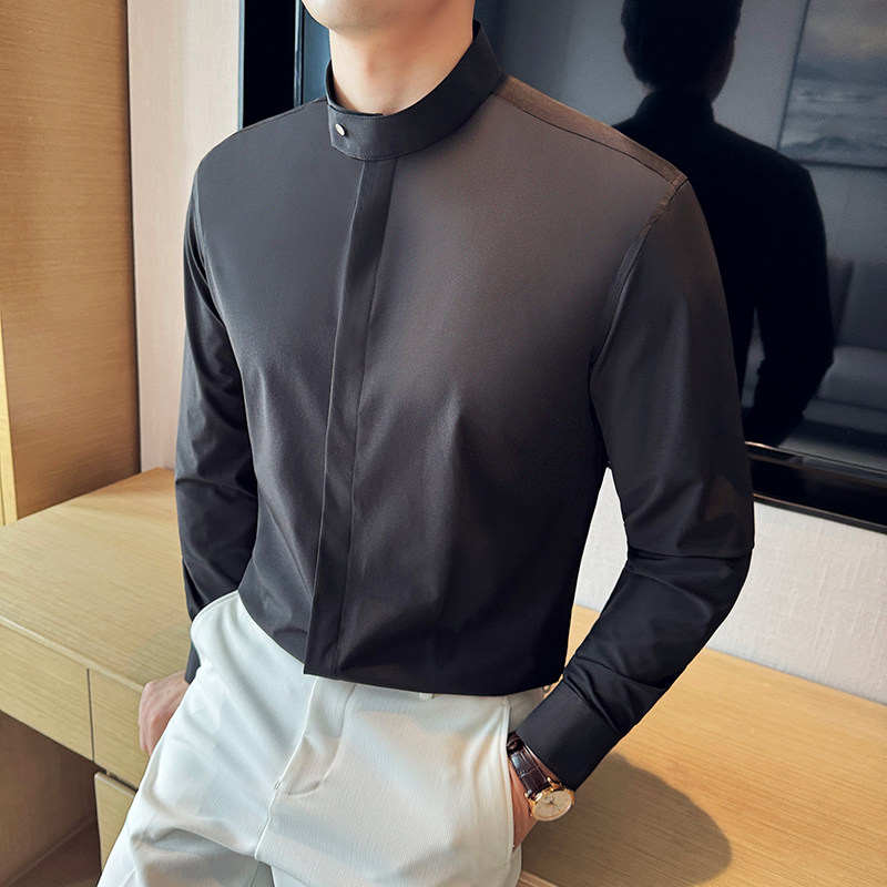 新中式立领长袖衬衫男高级感垂感弹力衬衣白色C2406-P67,男装衬衫,电商A213