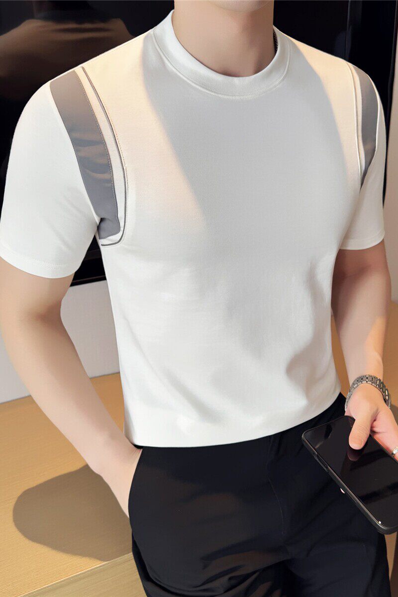 夏季冰感透气锦棉高品质面料背带拼接设计感短袖T恤白色T7871-P50图片