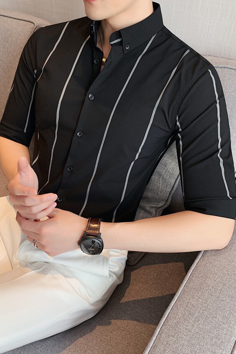 M-5XL高级感商务定位印花条纹衬衫男中袖衬衣黑色ZC70-P63,男装衬衫,电商A213