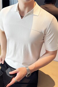 老钱风亲肤冰丝凉感层次立体感性感V领针织POLO衫白色JQ3701-P63图片