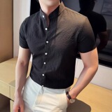 新中式立领短袖衬衫男高级感弹力泡泡纱薄款衬衣绿色C1010-P58，男装衬衫，电商A213