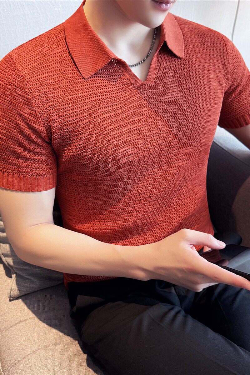 薄款翻领短袖T恤男镂空立体针织精致V领polo衫砖红色T8987-P63,男装Polo衫,电商A213