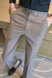质感细条纹西裤男士休闲裤弹力修身小脚西装长裤咖啡色XK8032-P75图片