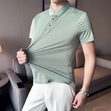 英伦风~纯色高弹冰丝翻领无痕T恤男士短袖POLO衫橘红色PL02-P50，男装T恤，电商A213