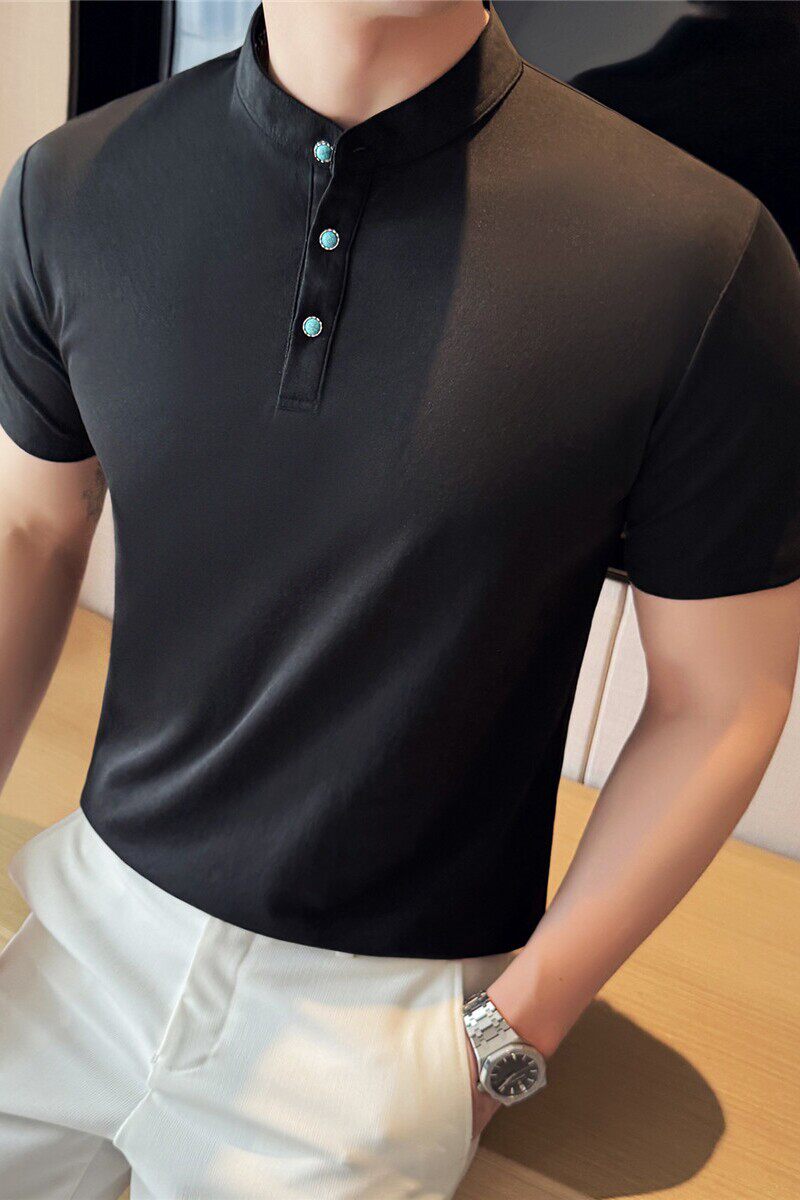 时尚绿松石扣子装饰设计感亨利领Polo衫男短袖T恤衫黑色TF113-P47,男装T恤,电商A213