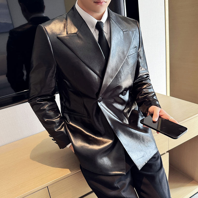 主持人高级感西装外套亮面皮衣休闲时尚皮西服灰色DX702-P178，男装西服套装，电商A213