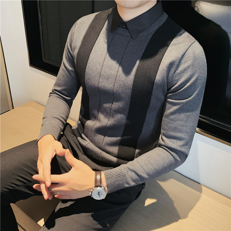 条纹拼接针织毛衣衬衫领假两件毛衣男商务针织毛衫灰色M9305-P90,男装针织衫/毛衣,电商A213