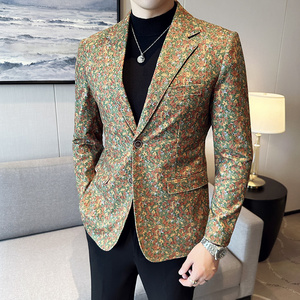 高级感花色西服外套男时尚印花西装厚款单西上衣卡其色DX920-P155图片