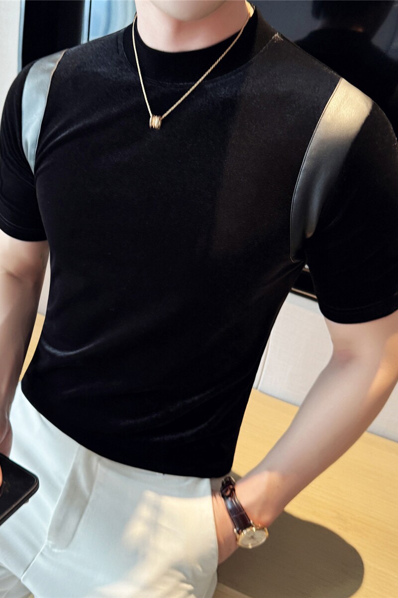 春夏拼皮时尚小高领弹力t恤修身半高领短袖打底衫黑色DT088-P38特,男装T恤,电商A213