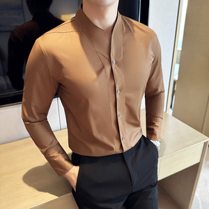 高级感性感大V领衬衫男长袖设计感无领衬衣黑色CZ013-P73图片