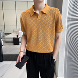 性感V领设计镂空针织翻领短袖男T恤修身洞洞Polo衫黄色PL9763-P63，男装T恤，电商A213