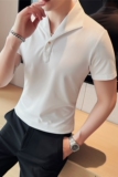 休闲polo衫男商务翻领修身T恤经典一片领纯色短袖白色PL2235-P63，男装T恤，电商A213