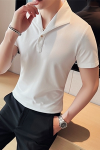 休闲polo衫男商务翻领修身T恤经典一片领纯色短袖白色PL2235-P63图片