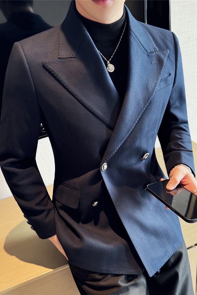 重磅加厚~布雷泽西服外套男双排扣大戗驳领西装蓝色DX705-P193,男装西服,电商A213