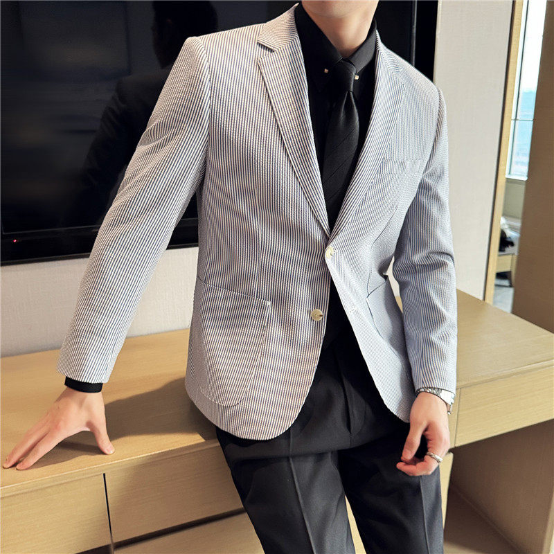 肌理纹质感泡泡纱条纹西装外套轻薄款男西服上衣蓝色DX8821-P137图片