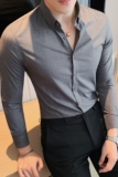 长期做男士虚线条纹长袖衬衫修身衬衣商务休闲衬衣灰C2021-P68，男装衬衫，电商A213