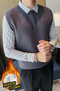 加厚加绒~时尚假两件条纹拼接衬衫领针织背心男毛衣JR6801-P98图片
