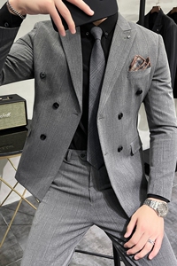 加厚宽条纹双排扣西服套装男商务西装两件套修身中灰LJT306/P230图片