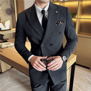 大码戗驳领双排扣西装两件套男修身商务西服套装LJT7053-P150特,男装西服套装,电商A213