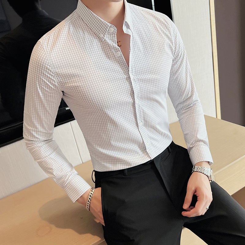 2025秋装新款男质感格子衬衫修身潮男商务长袖衬衫蓝色C8646-P63，男装衬衫，电商A213