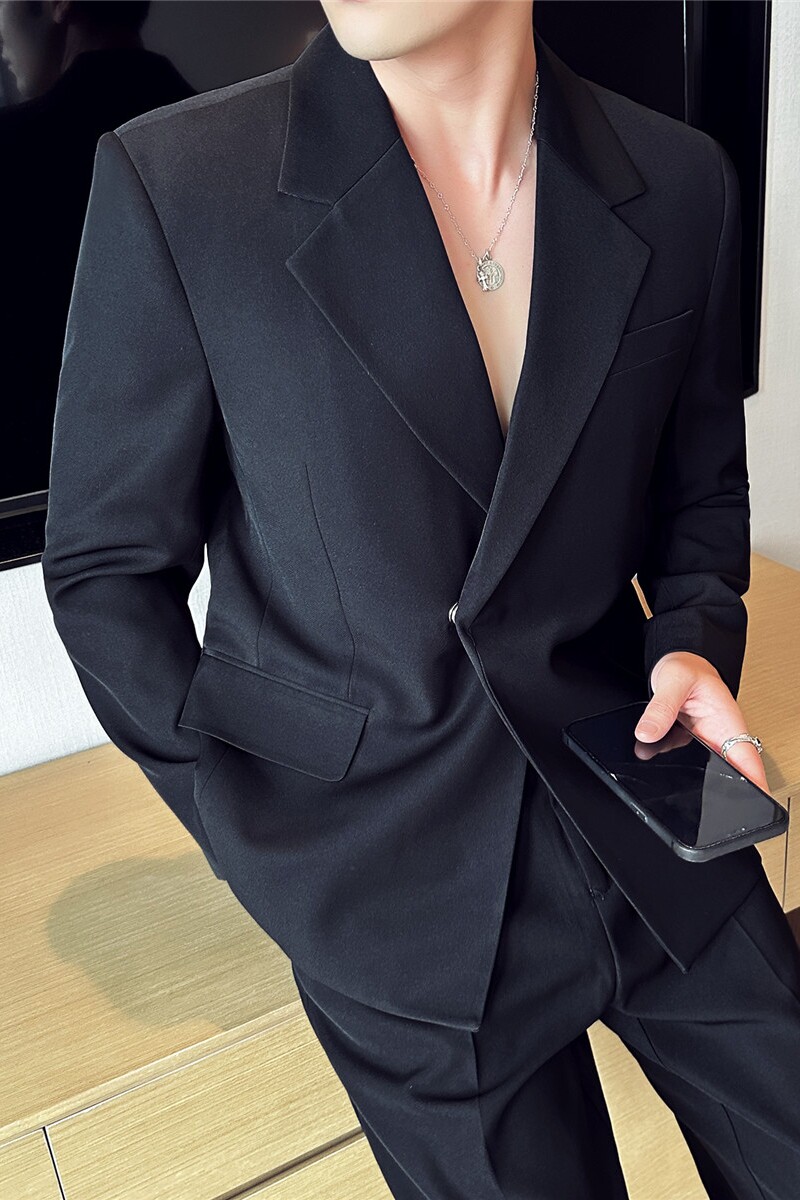 英伦高级感西服套装男微阔垂感西装两件套黑色LJT958-P235,男装西服套装,电商A213