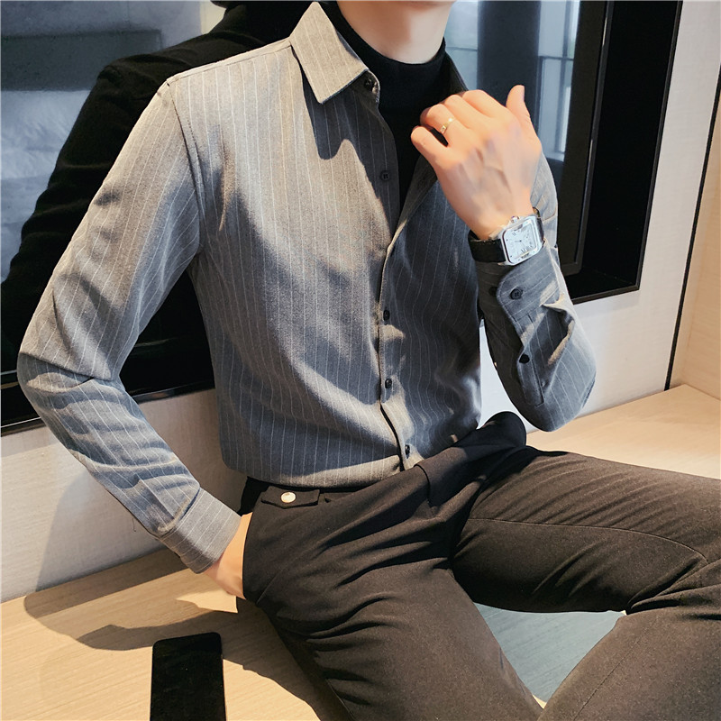 长期做假两件修身条纹衬衫半高领毛衣个性黑色衬衫男CM9201-P90,男装针织衫/毛衣,电商A213