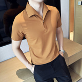 个性立体一字领polo衫男商务时尚古巴领短袖T恤咖啡色PL2426-P63，男装T恤，电商A213