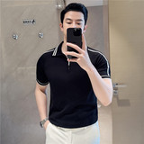 【天丝莱赛尔】条纹拼色冰丝针织POLO衫短袖T恤男黑色PL2410-P67，男装Polo衫，电商A213
