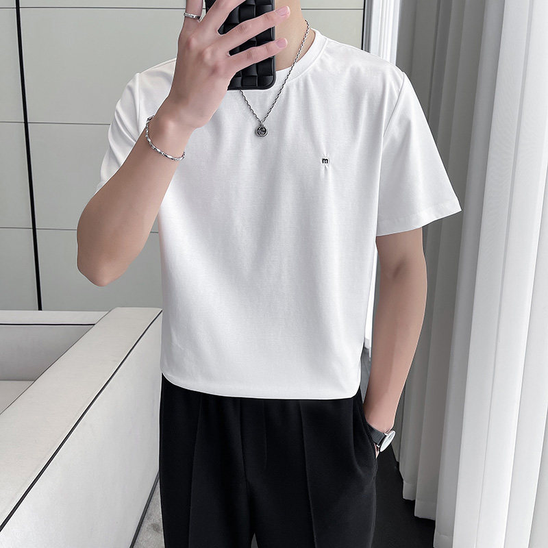 轻熟风~薄款冰丝短袖t恤男刺绣休闲弹力圆领纯色t恤DT2129-P35,男装T恤,电商A213