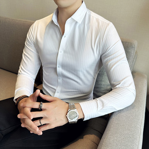 高品质暗条纹无痕衬衫免烫商务领口刺绣衬衣男长袖衬衫C6638-P78图片