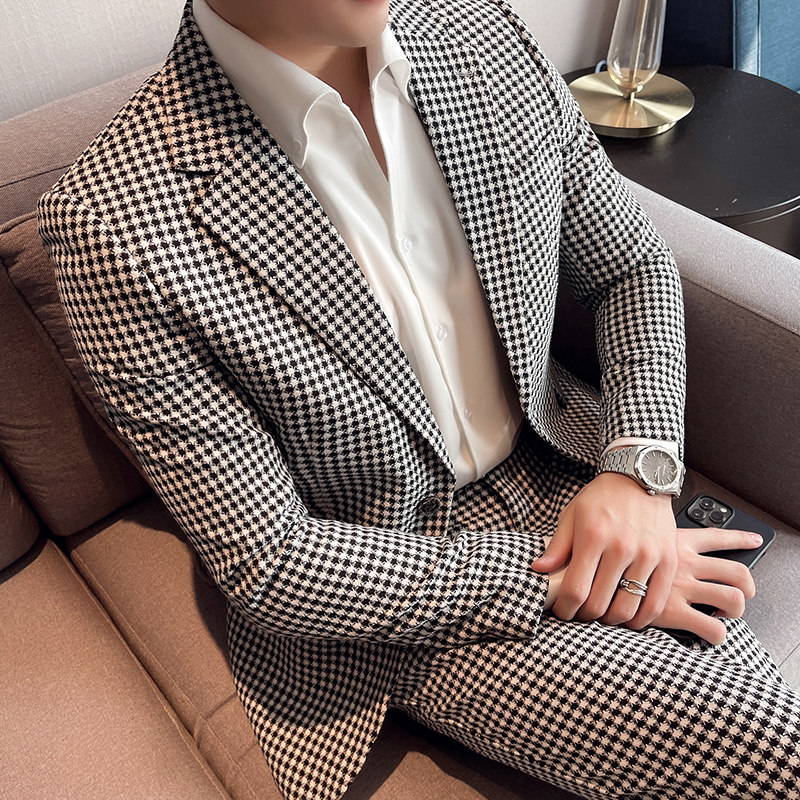 千鸟格子小西装男修身西服两件套男休闲西服套装卡其格LJT13/P225,男装西服套装,电商A213