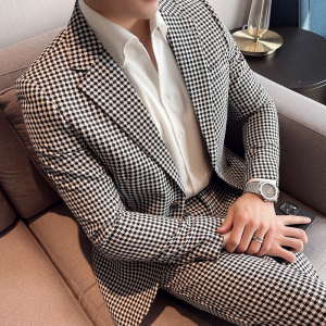 千鸟格子小西装男修身西服两件套男休闲西服套装卡其格LJT13/P225图片