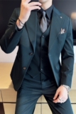 高级感新郎西服套装两粒扣戗驳领西装三件套男绿色SJT120-P265，男装西服套装，电商A213