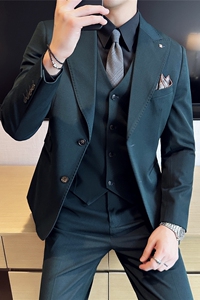 高级感新郎西服套装两粒扣戗驳领西装三件套男绿色SJT120-P265图片