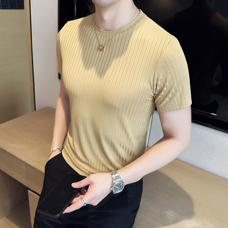 薄款冰丝弹力西条纹修身短袖T恤男高级感圆领打底衫灰色TH006-P35,男装T恤,电商A213