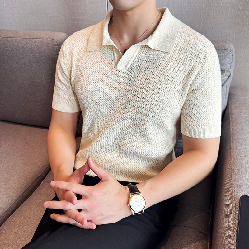 夏季满足你要的清凉~镂空针织短袖T恤V领Polo衫咖啡色PL8923-P63，男装T恤，电商A213